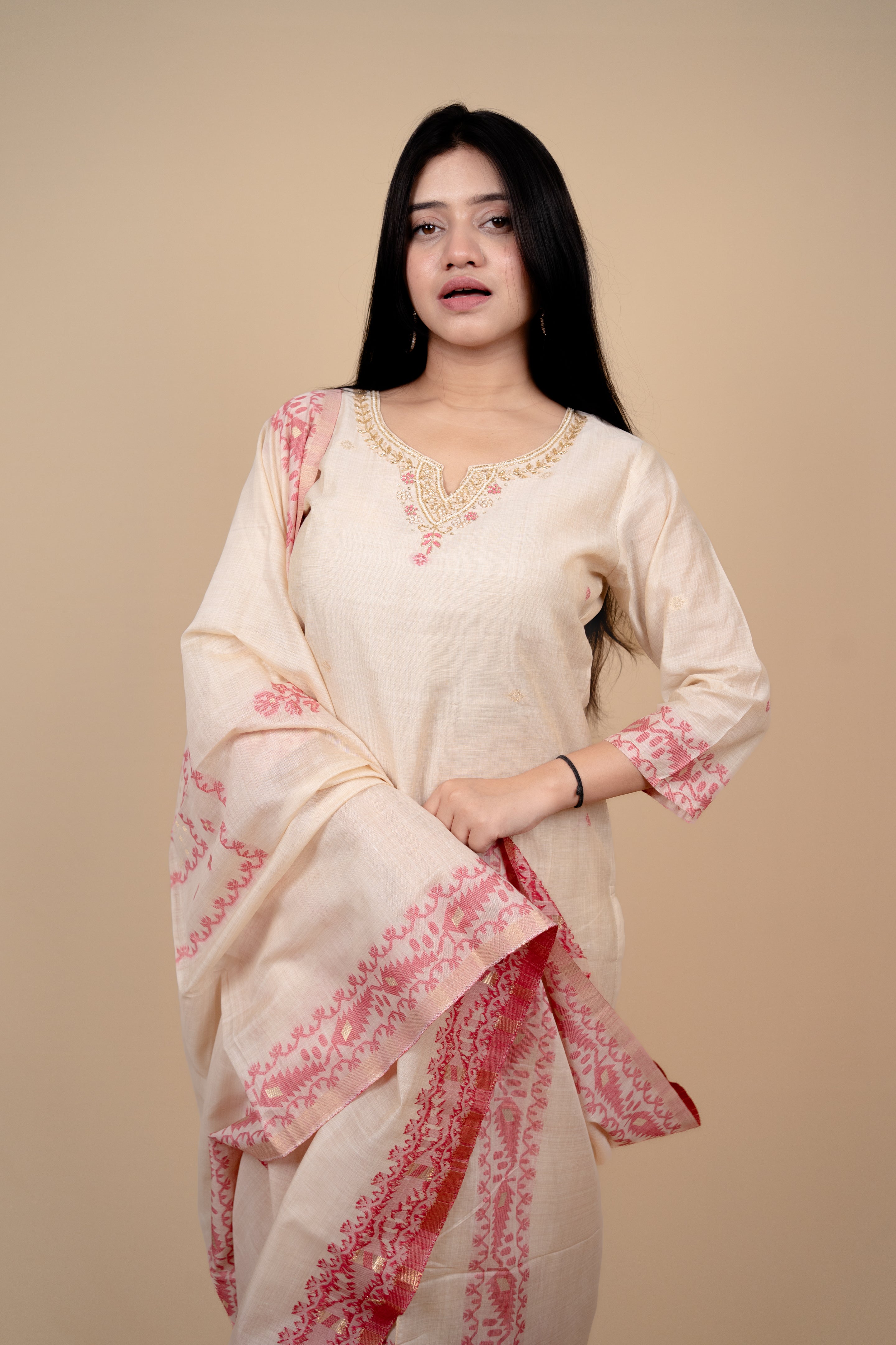 Cream and Pink Traditional Straight Suit Set with Embroidered Neckline