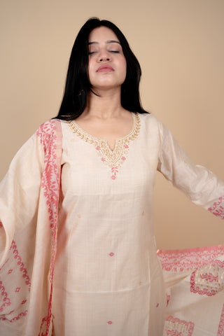 Cream and Pink Traditional Straight Suit Set with Embroidered Neckline