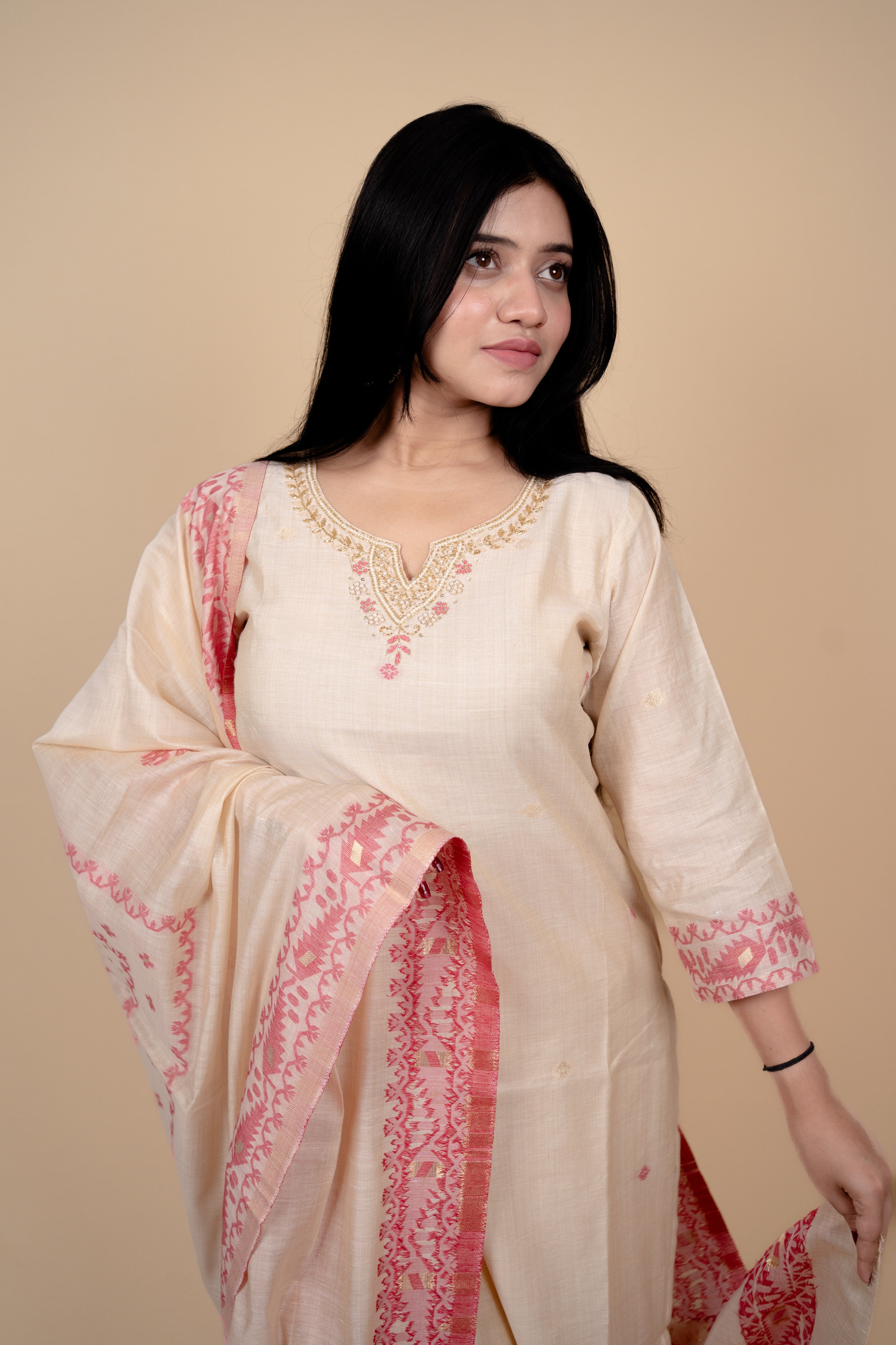 Cream and Pink Traditional Straight Suit Set with Embroidered Neckline