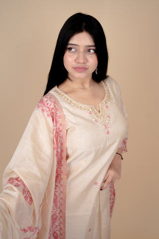 Cream and Pink Traditional Straight Suit Set with Embroidered Neckline