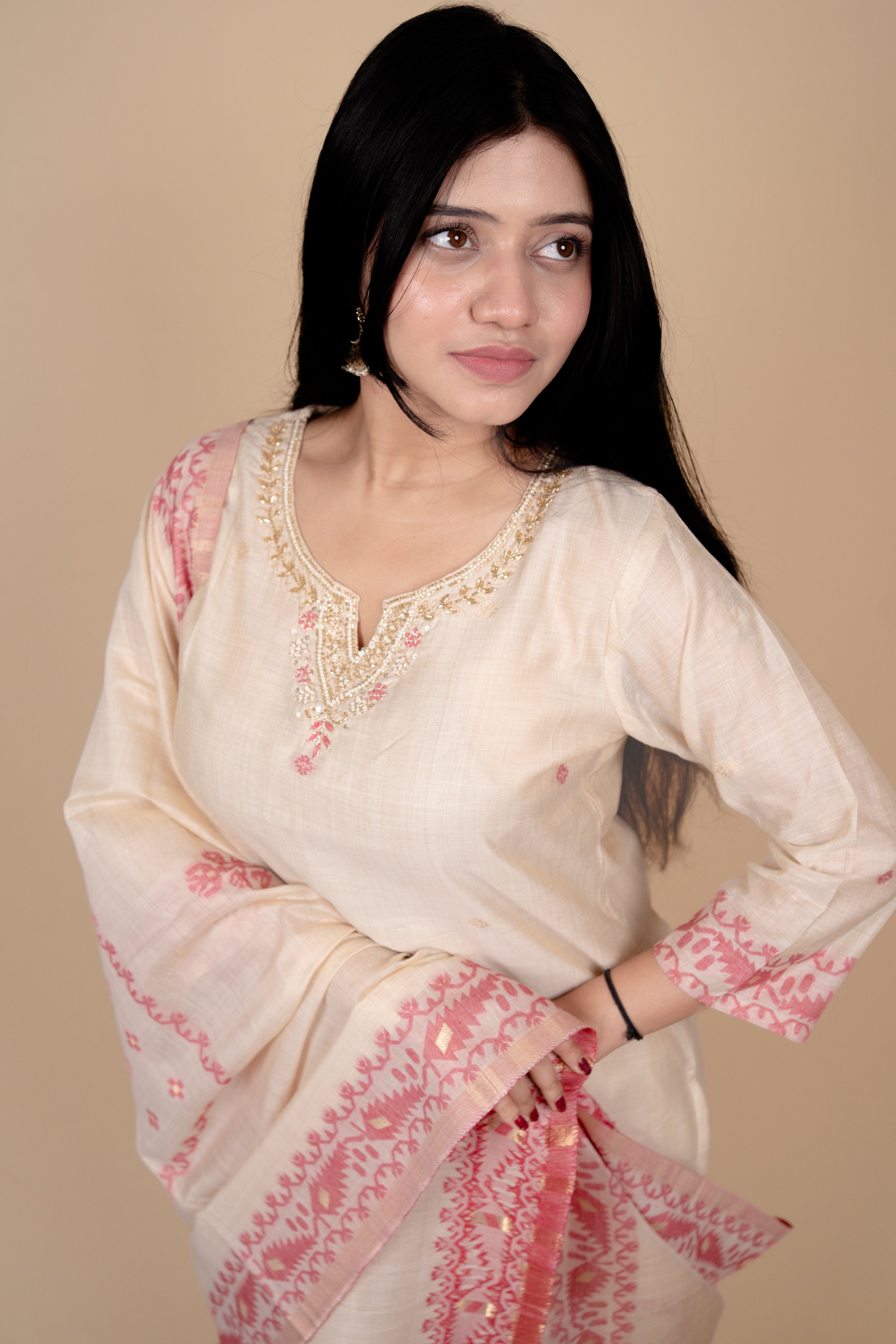 Cream and Pink Traditional Straight Suit Set with Embroidered Neckline