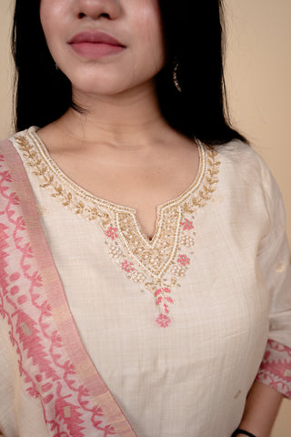 Cream and Pink Traditional Straight Suit Set with Embroidered Neckline