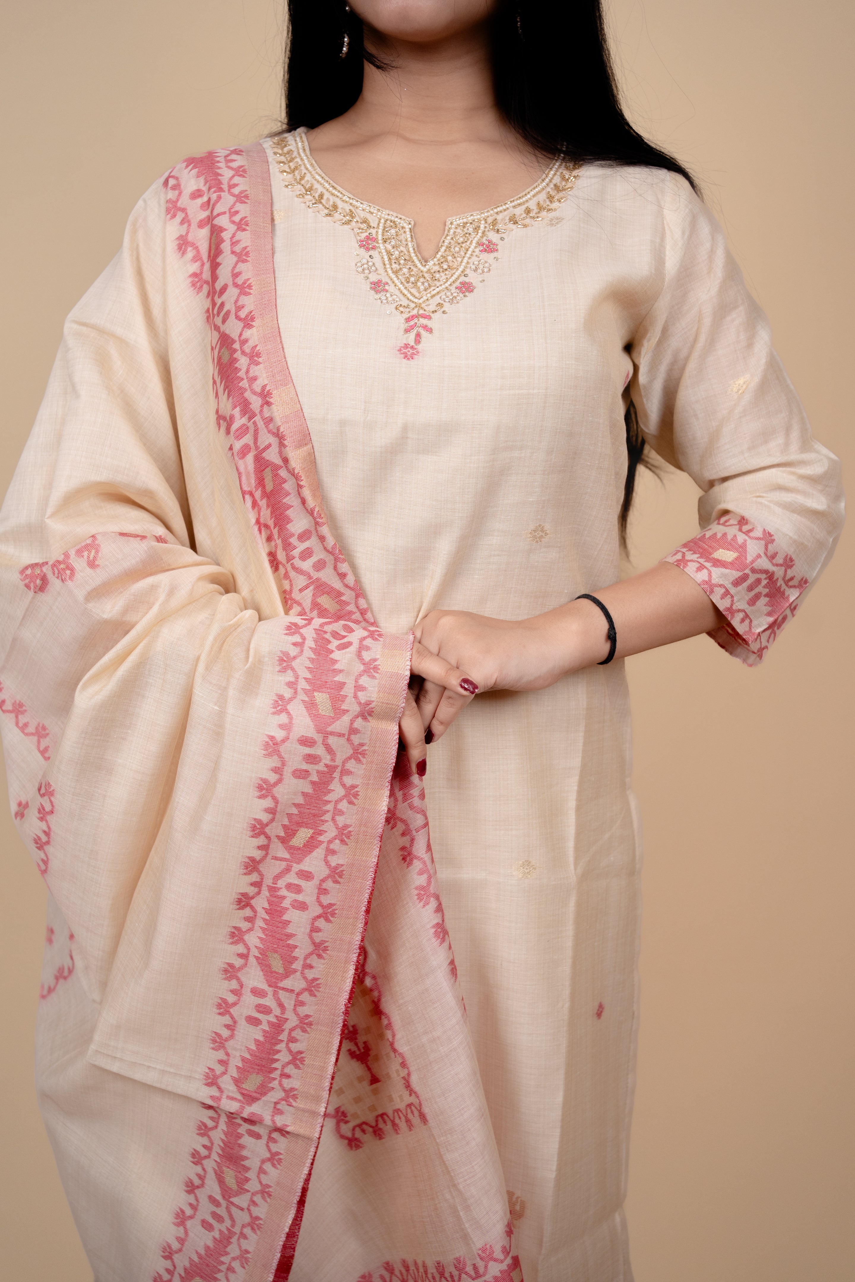 Cream and Pink Traditional Straight Suit Set with Embroidered Neckline