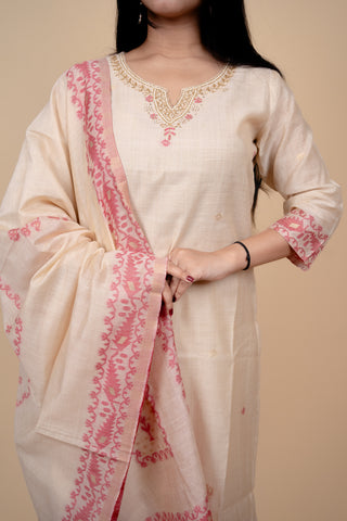 Cream and Pink Traditional Straight Suit Set with Embroidered Neckline