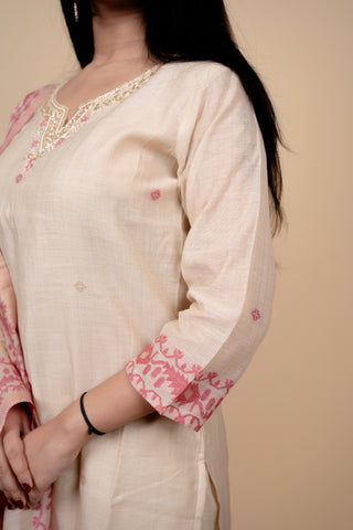 Cream and Pink Traditional Straight Suit Set with Embroidered Neckline