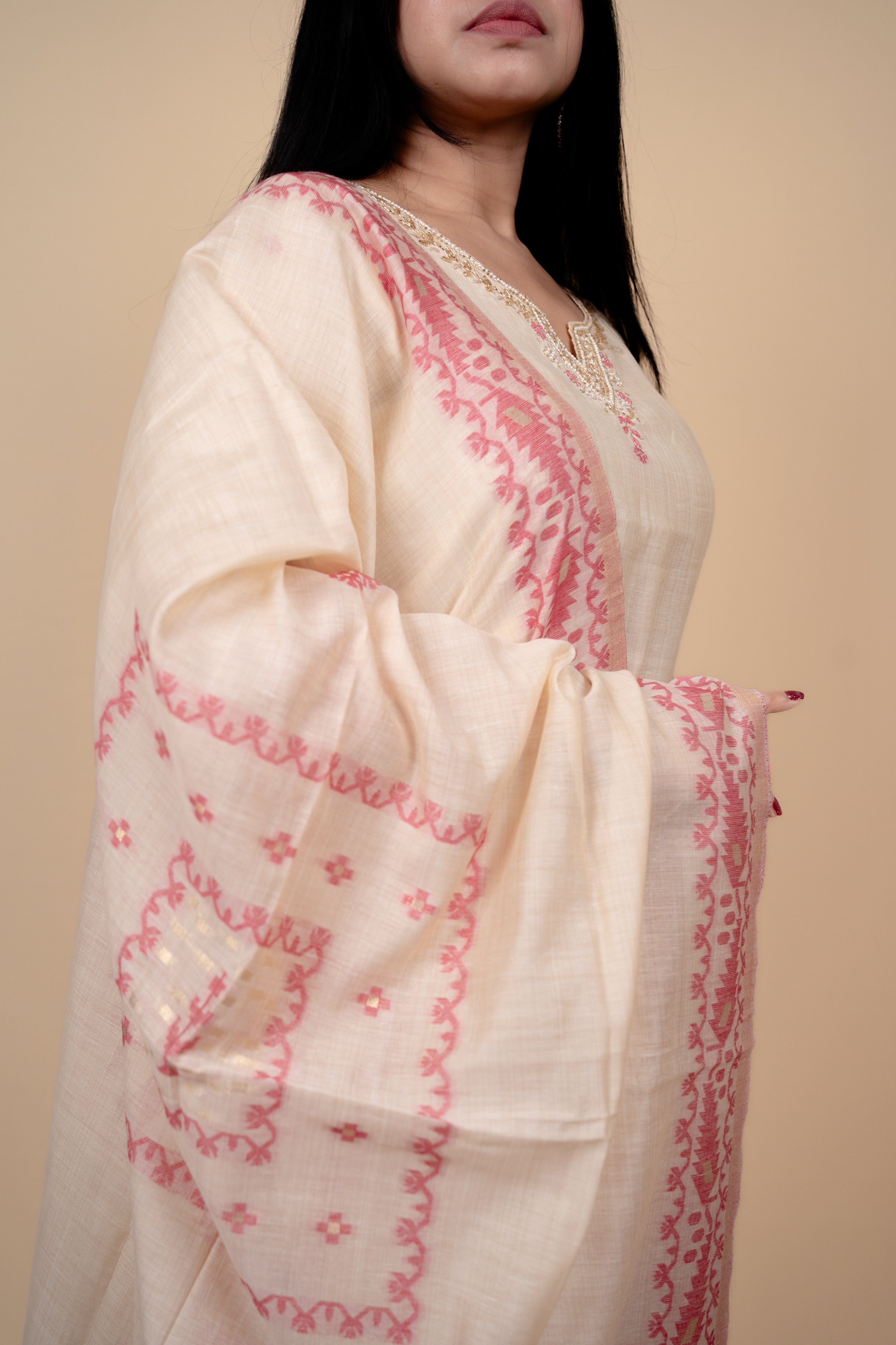 Cream and Pink Traditional Straight Suit Set with Embroidered Neckline