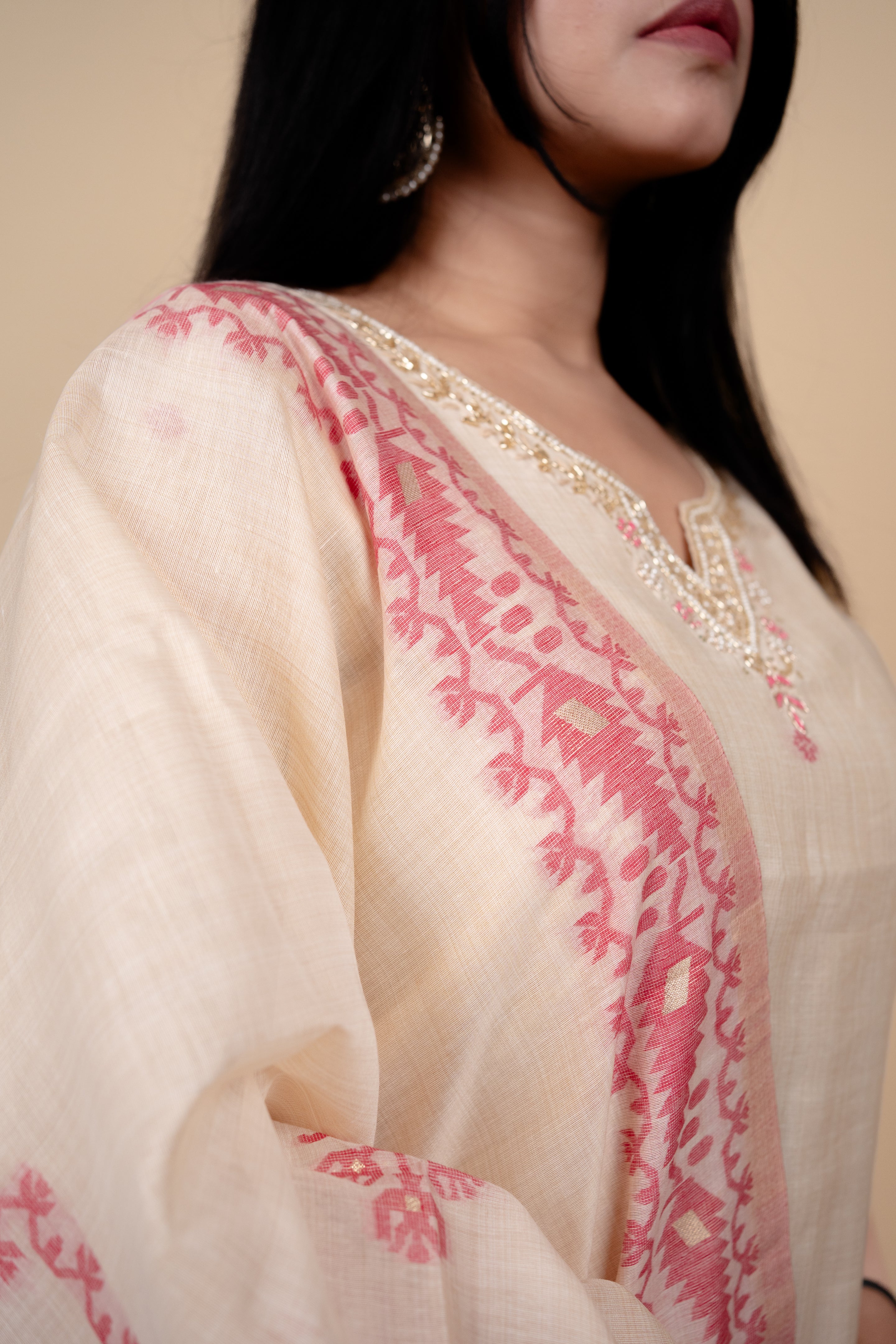 Cream and Pink Traditional Straight Suit Set with Embroidered Neckline