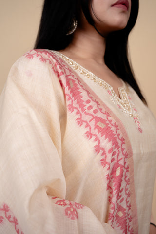Cream and Pink Traditional Straight Suit Set with Embroidered Neckline
