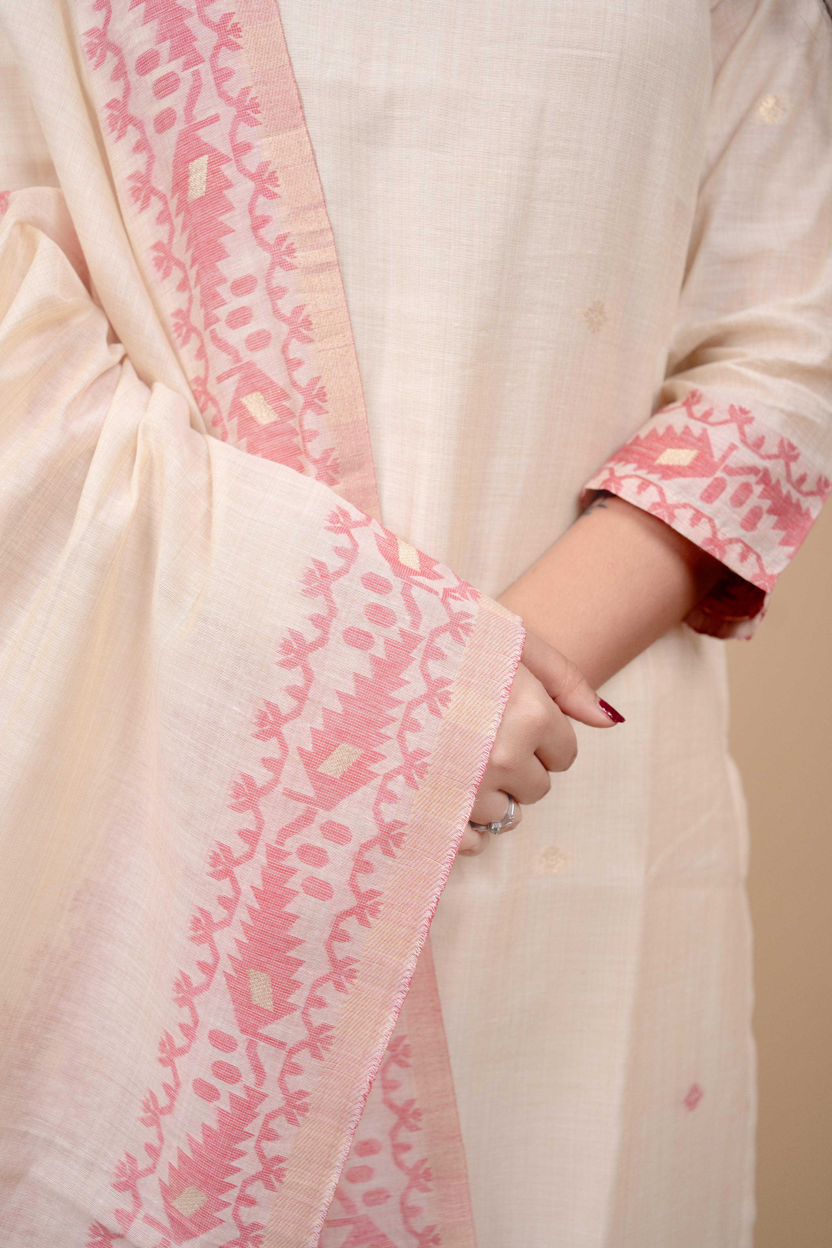 Cream and Pink Traditional Straight Suit Set with Embroidered Neckline