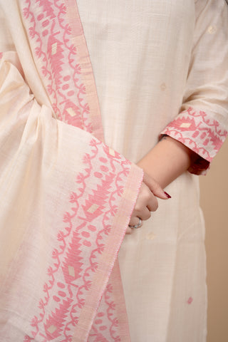 Cream and Pink Traditional Straight Suit Set with Embroidered Neckline