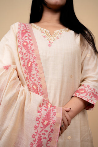 Cream and Pink Traditional Straight Suit Set with Embroidered Neckline
