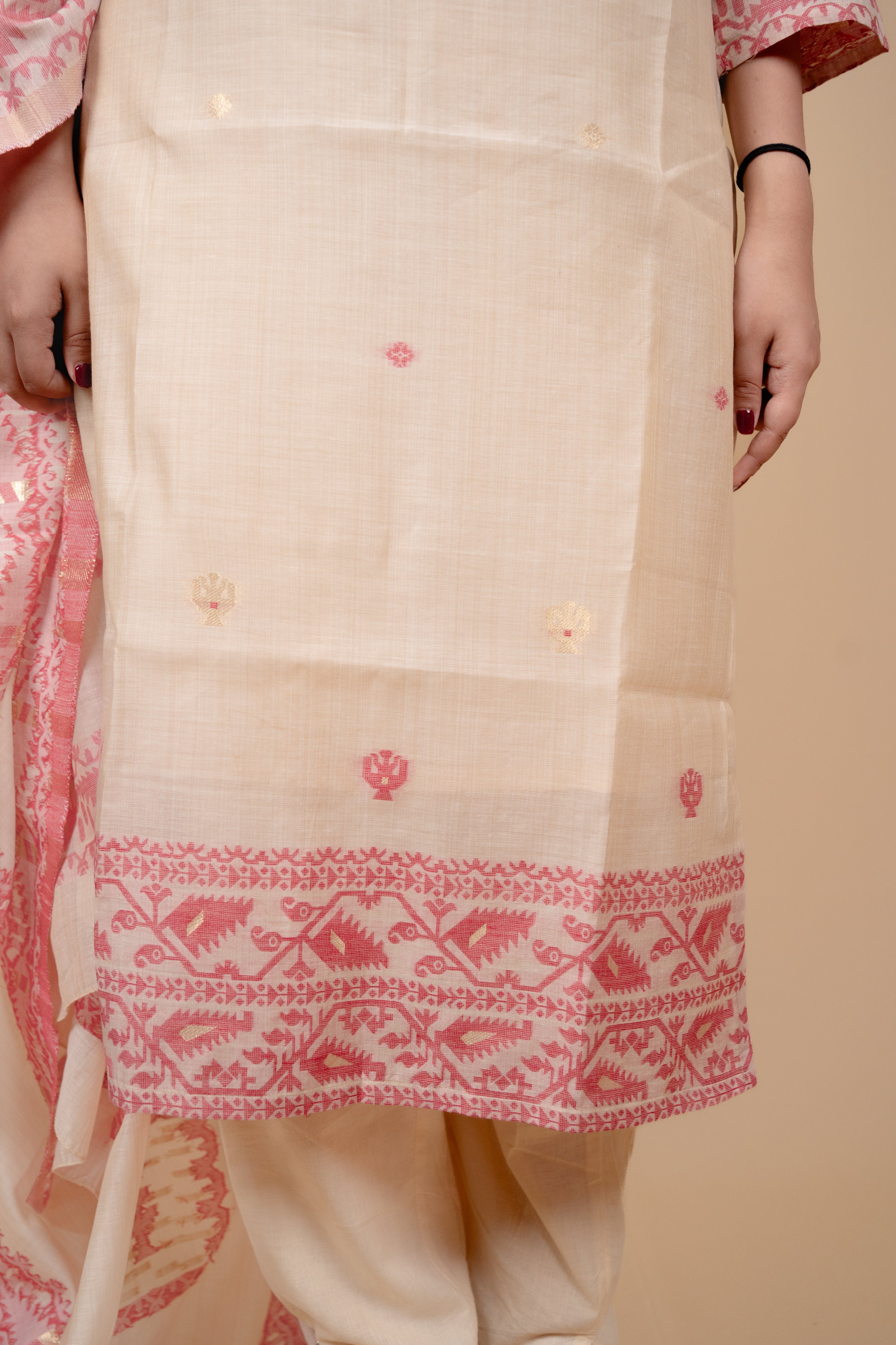 Cream and Pink Traditional Straight Suit Set with Embroidered Neckline