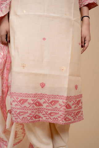 Cream and Pink Traditional Straight Suit Set with Embroidered Neckline