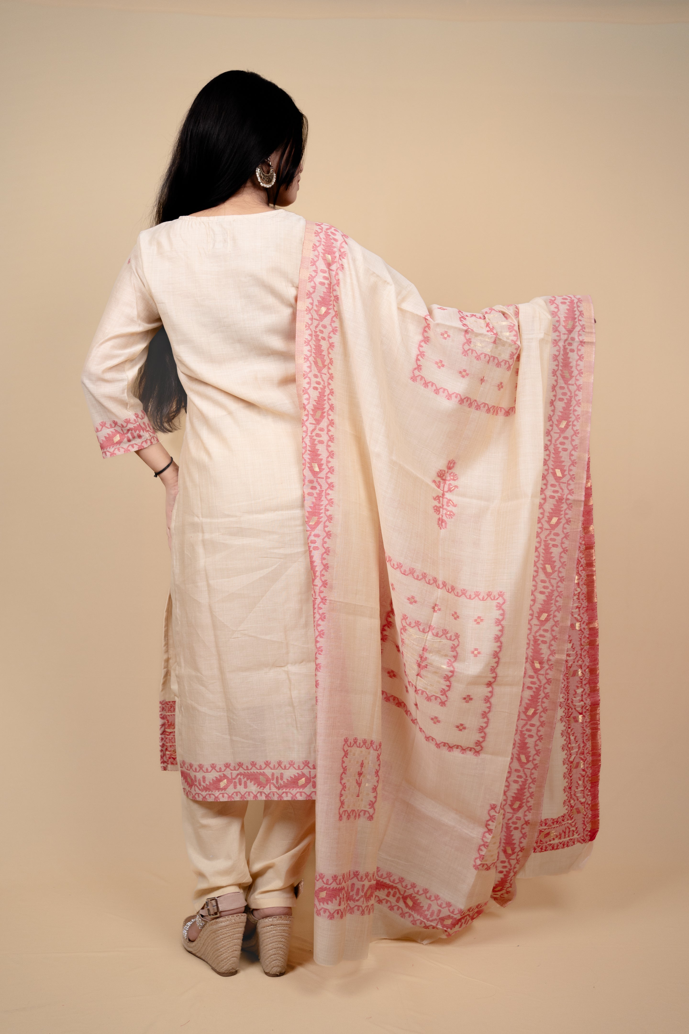 Cream and Pink Traditional Straight Suit Set with Embroidered Neckline