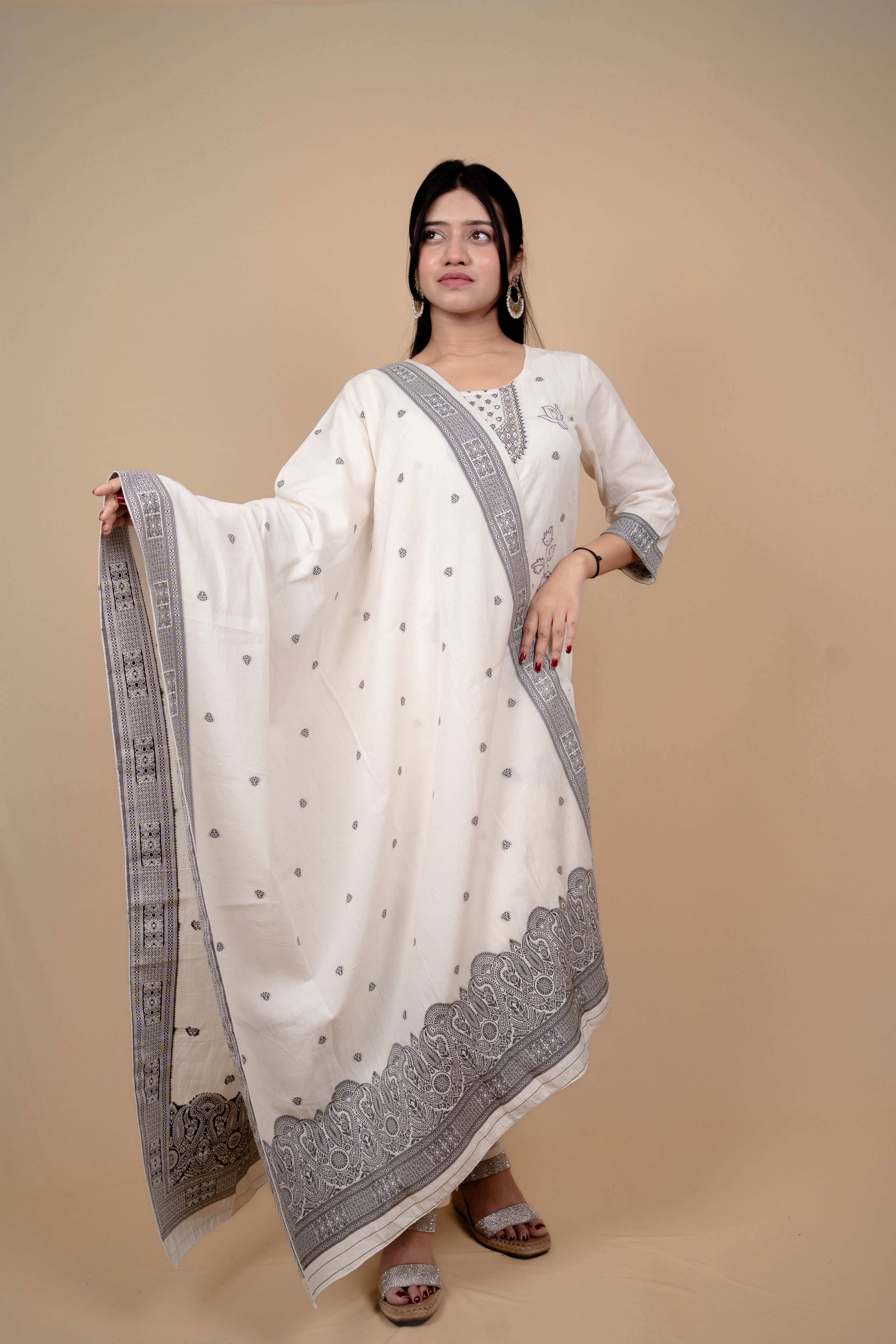 White Floral Embroidered Straight Suit Set with Patterned Dupatta