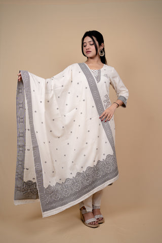 White Floral Embroidered Straight Suit Set with Patterned Dupatta
