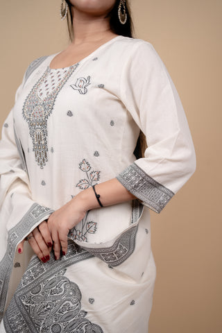 White Floral Embroidered Straight Suit Set with Patterned Dupatta