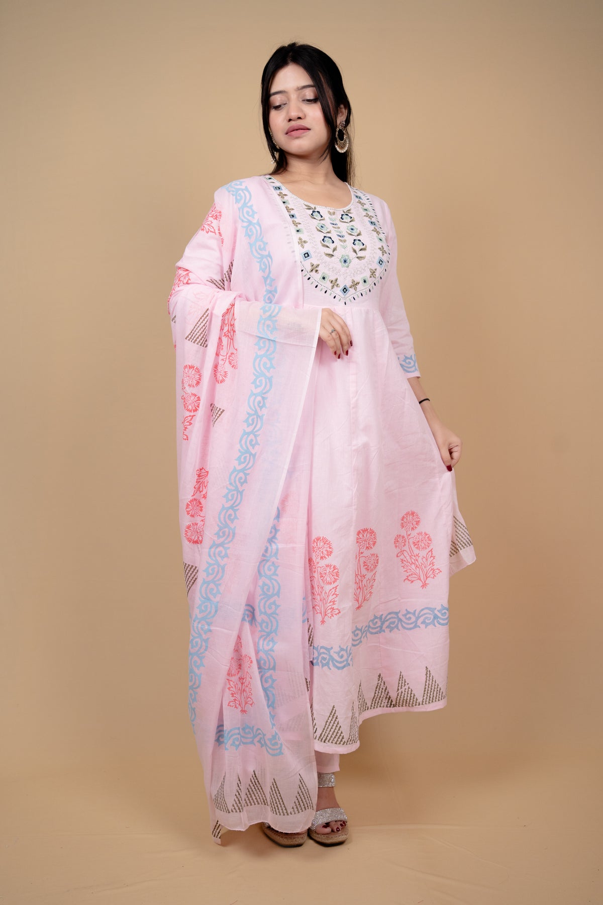 Soft Pink Floral & Embroidered Anarkali Kurta Set