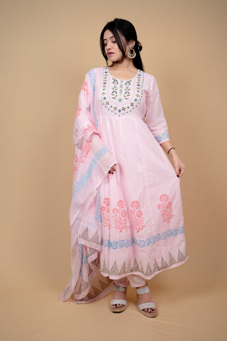 Soft Pink Floral & Embroidered Anarkali Kurta Set
