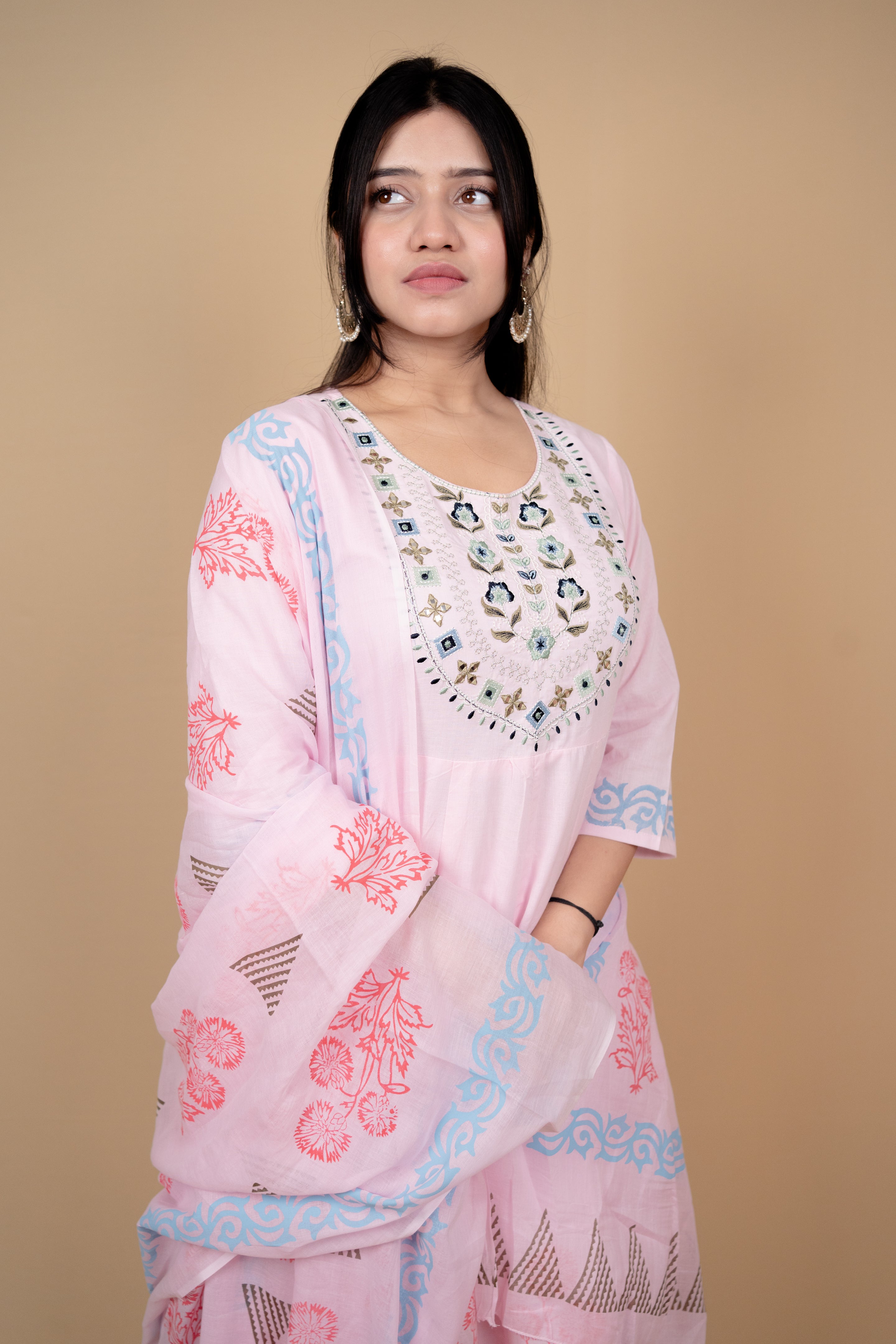 Soft Pink Floral & Embroidered Anarkali Kurta Set