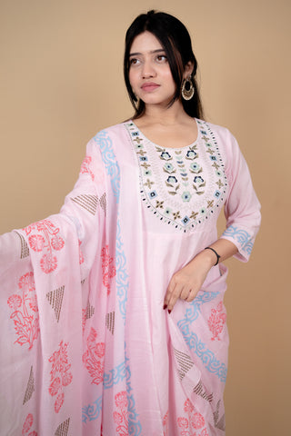 Soft Pink Floral & Embroidered Anarkali Kurta Set
