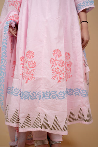 Soft Pink Floral & Embroidered Anarkali Kurta Set