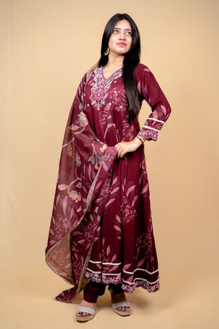 Burgundy Botanical Print Anarkali Suit Set with Floral Embroidery