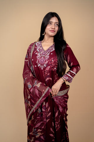 Burgundy Botanical Print Anarkali Suit Set with Floral Embroidery