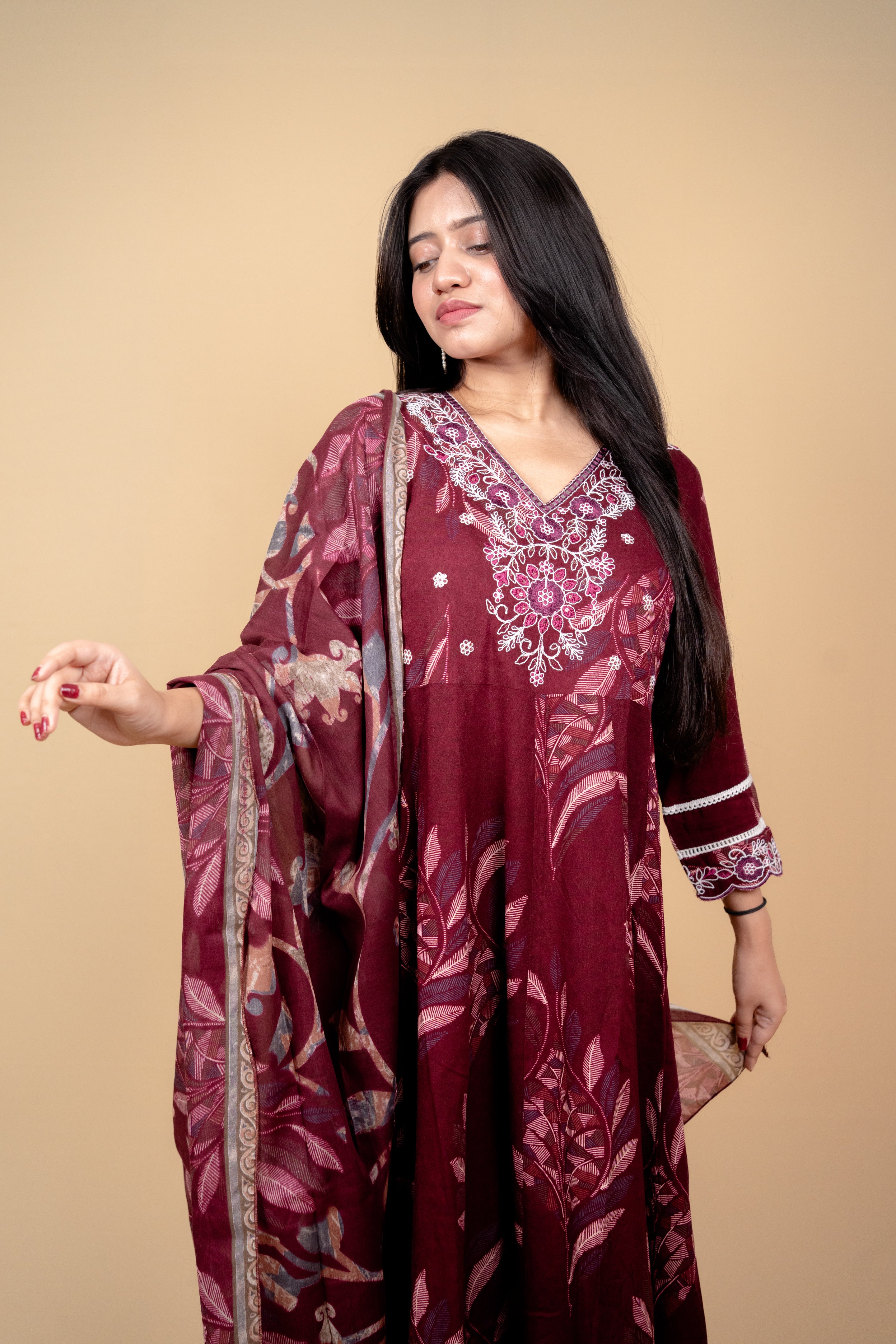 Burgundy Botanical Print Anarkali Suit Set with Floral Embroidery