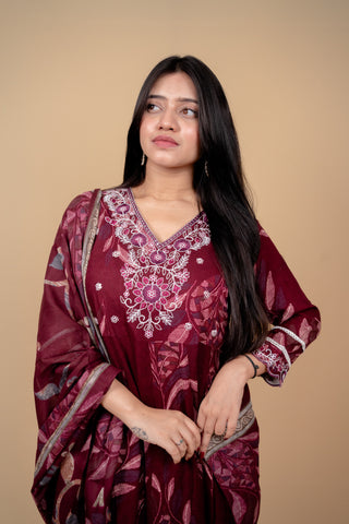 Burgundy Botanical Print Anarkali Suit Set with Floral Embroidery