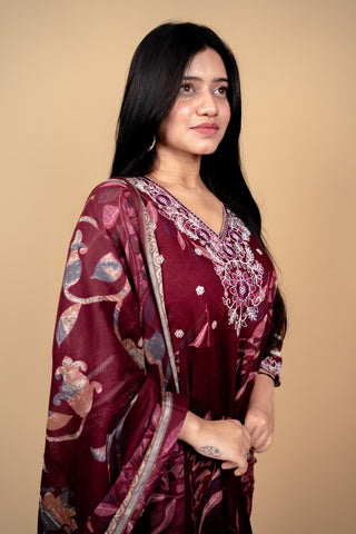 Burgundy Botanical Print Anarkali Suit Set with Floral Embroidery
