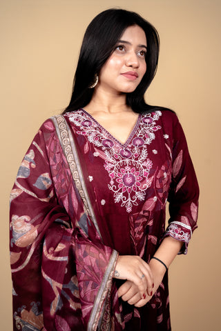 Burgundy Botanical Print Anarkali Suit Set with Floral Embroidery
