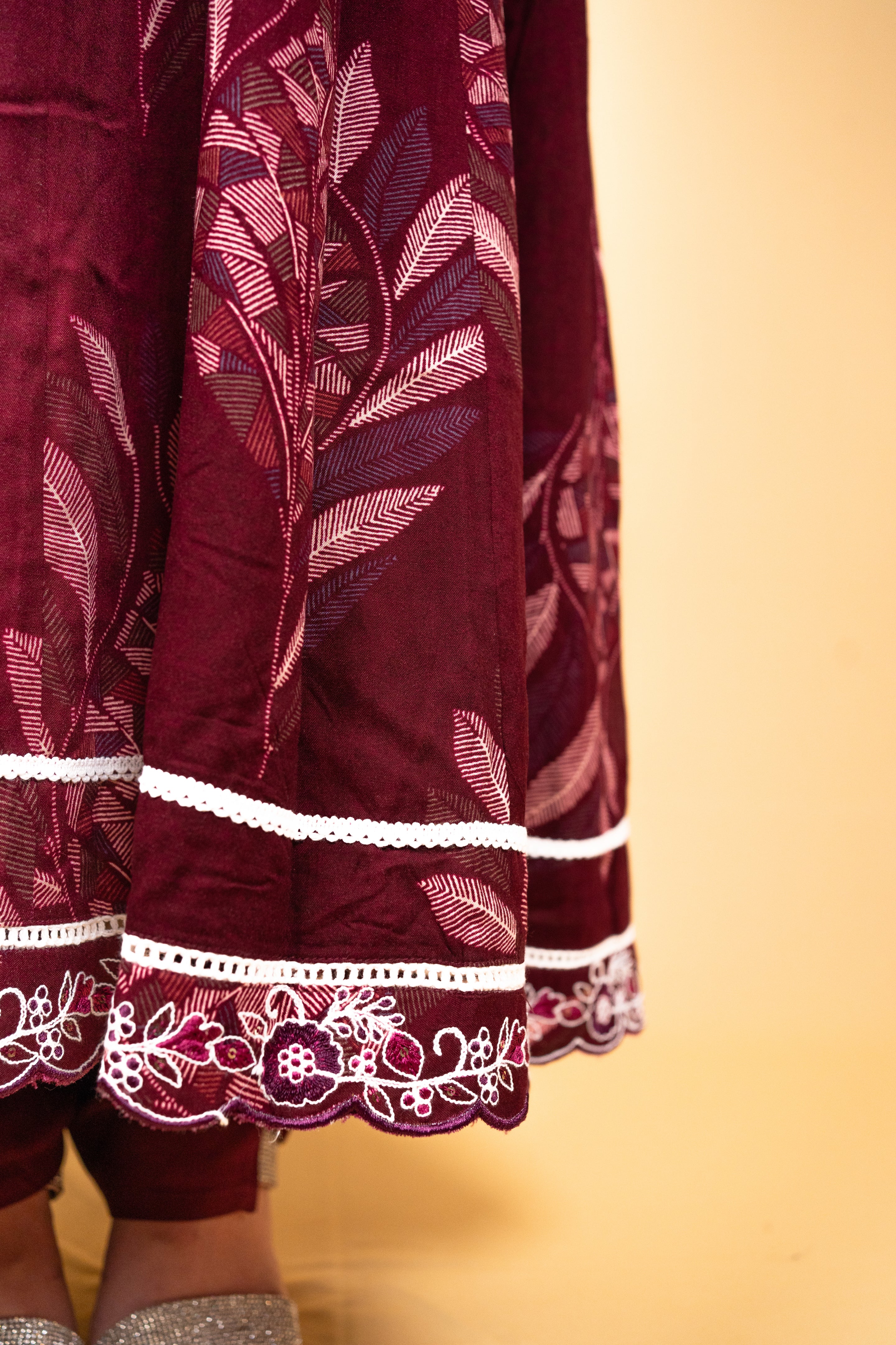 Burgundy Botanical Print Anarkali Suit Set with Floral Embroidery