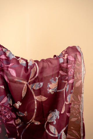 Burgundy Botanical Print Anarkali Suit Set with Floral Embroidery