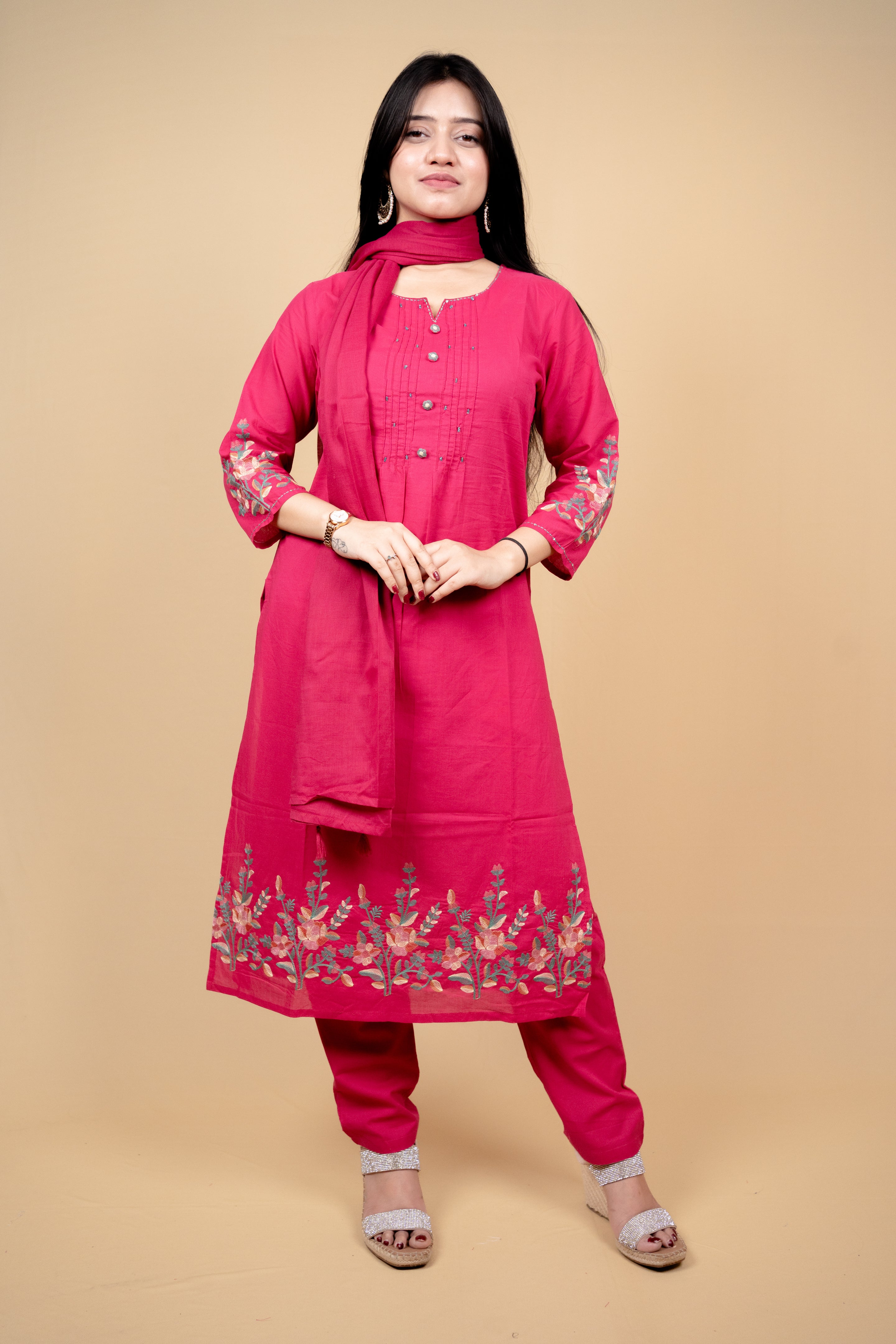 Vibrant Pink Cotton Embroidered Suit
