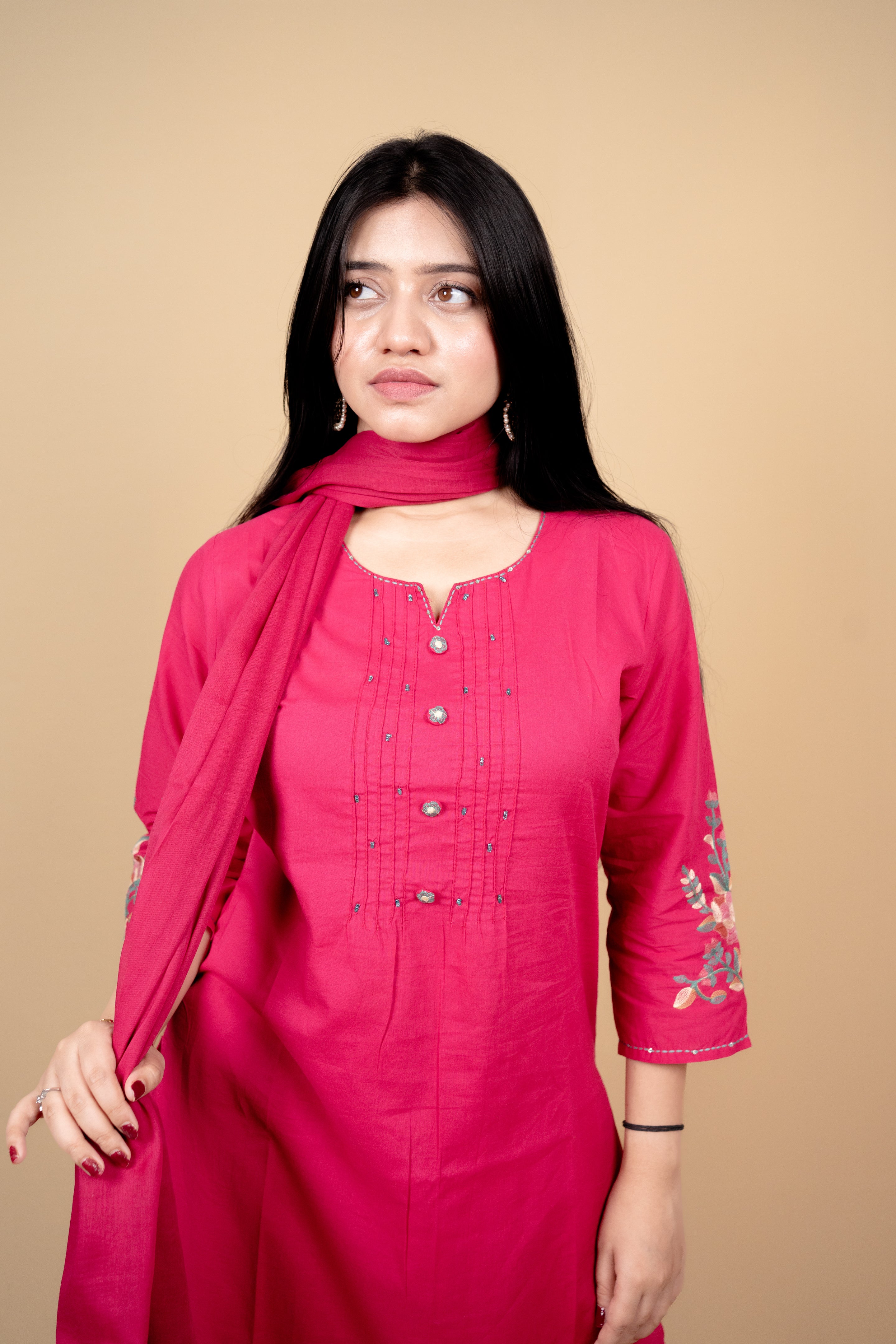 Vibrant Pink Cotton Embroidered Suit