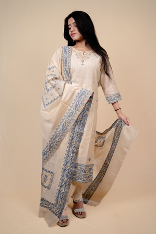 Cream and Slate Blue Traditional Straight Suit Set with Embroidered Neckline