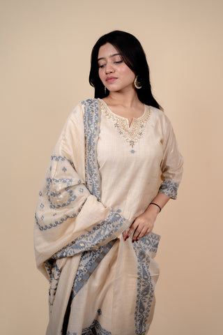 Cream and Slate Blue Traditional Straight Suit Set with Embroidered Neckline