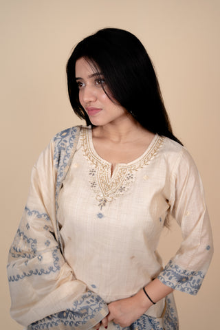 Cream and Slate Blue Traditional Straight Suit Set with Embroidered Neckline