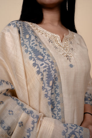 Cream and Slate Blue Traditional Straight Suit Set with Embroidered Neckline