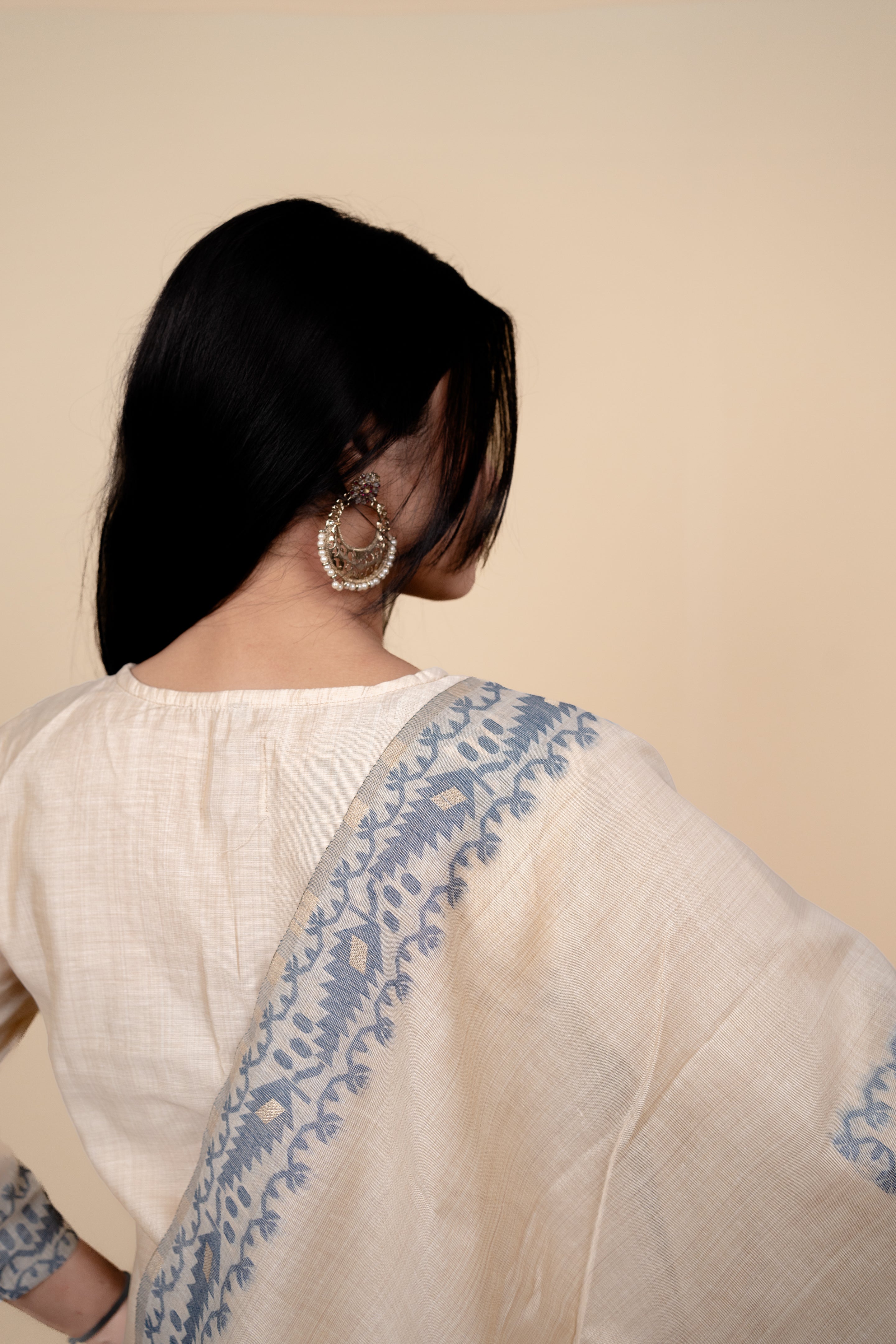 Cream and Slate Blue Traditional Straight Suit Set with Embroidered Neckline