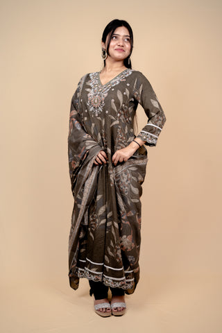 Olive-Brown Botanical Print Anarkali Suit Set with Floral Embroidery