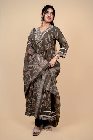 Olive-Brown Botanical Print Anarkali Suit Set with Floral Embroidery