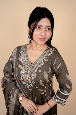 Olive-Brown Botanical Print Anarkali Suit Set with Floral Embroidery
