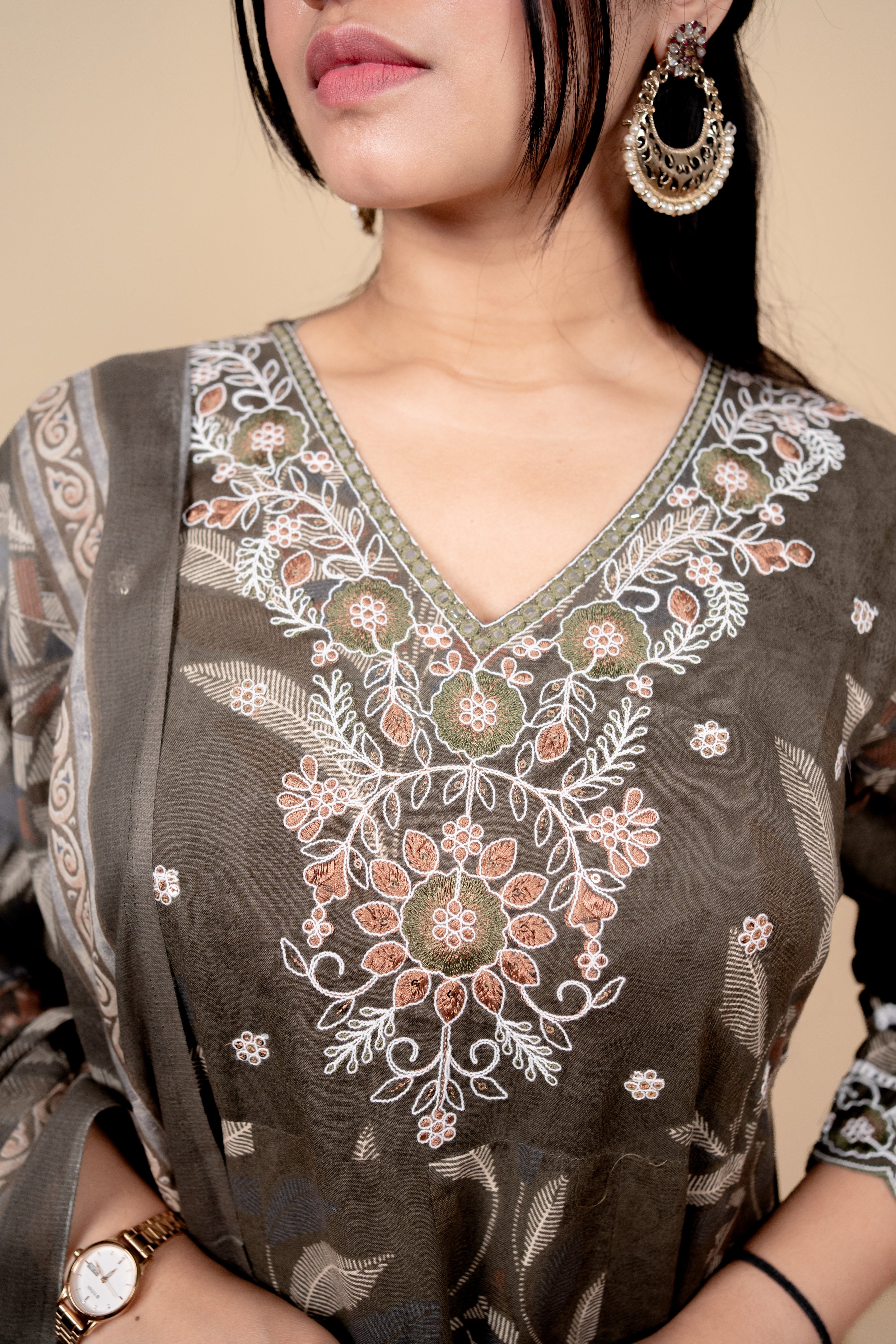 Olive-Brown Botanical Print Anarkali Suit Set with Floral Embroidery