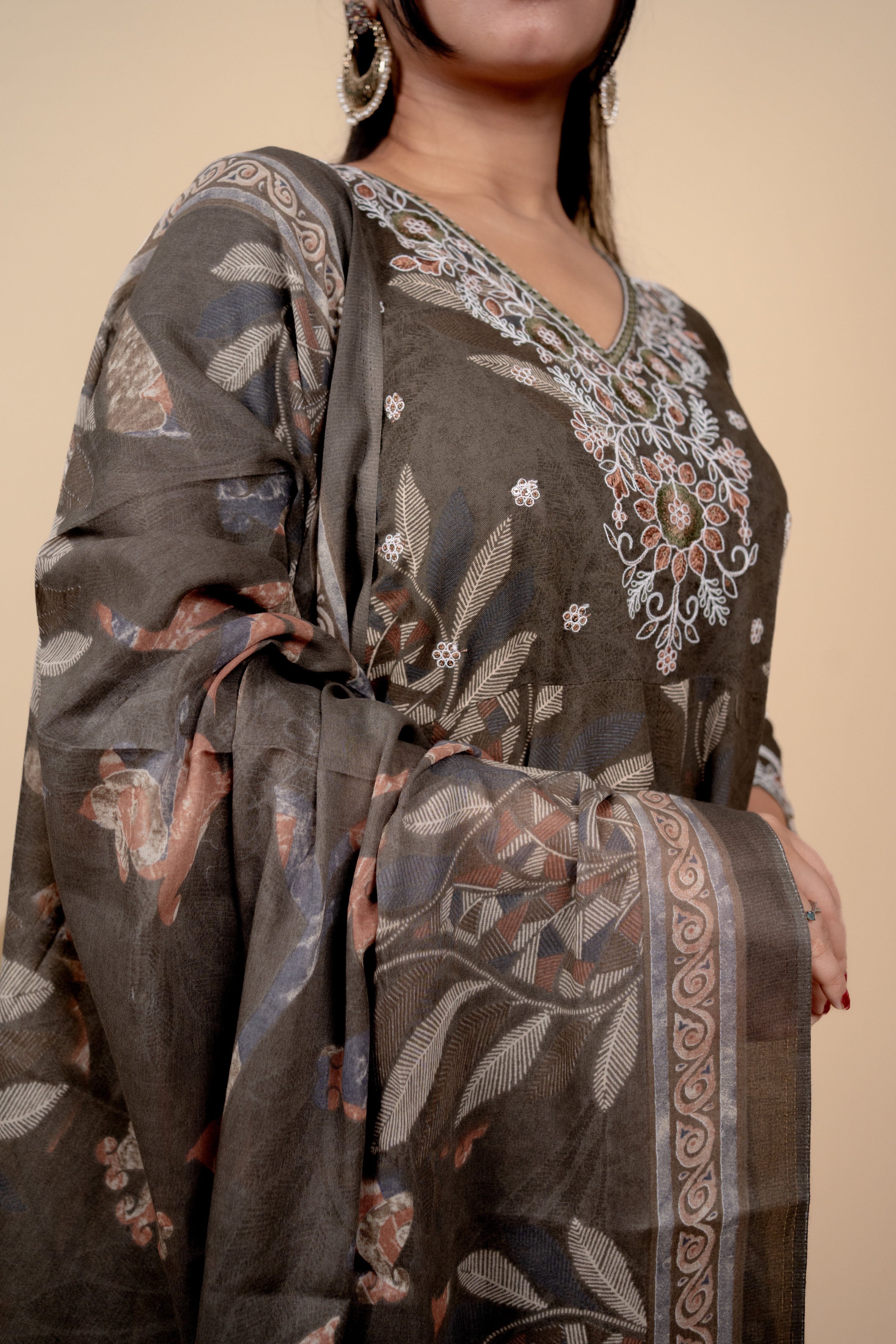 Olive-Brown Botanical Print Anarkali Suit Set with Floral Embroidery