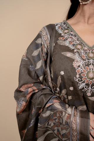Olive-Brown Botanical Print Anarkali Suit Set with Floral Embroidery