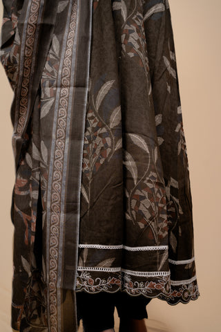 Olive-Brown Botanical Print Anarkali Suit Set with Floral Embroidery