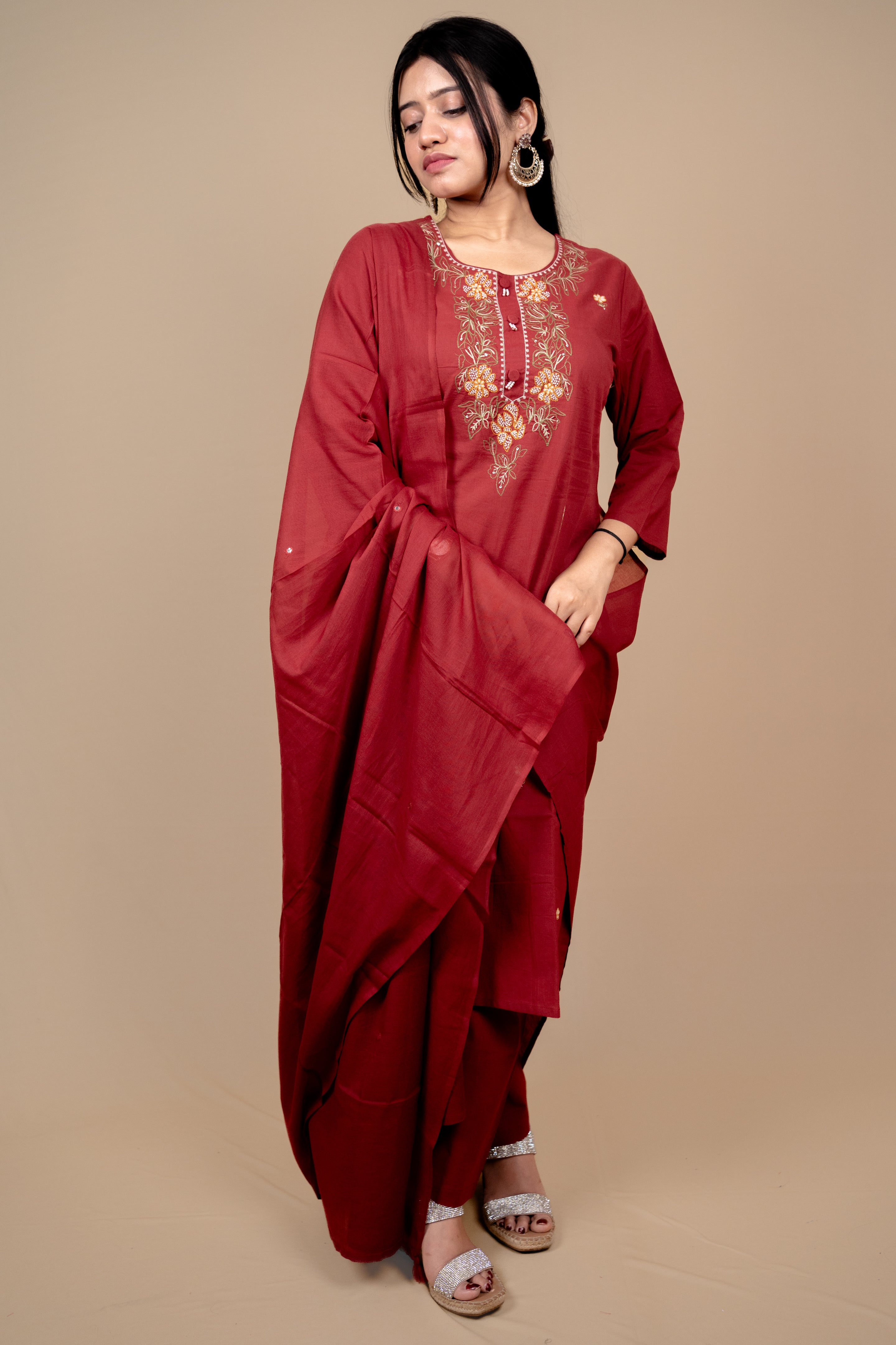 Deep Red Cotton Salwar Suit with Exquisite Thread Embroidery and Mirror-Work Dupatta
