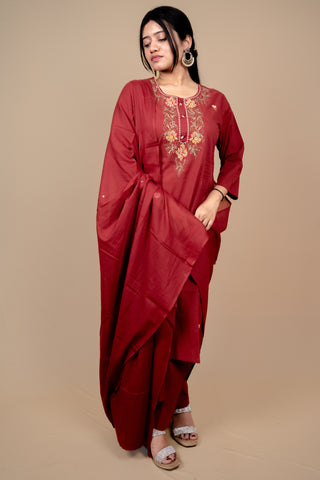 Deep Red Cotton Salwar Suit with Exquisite Thread Embroidery and Mirror-Work Dupatta